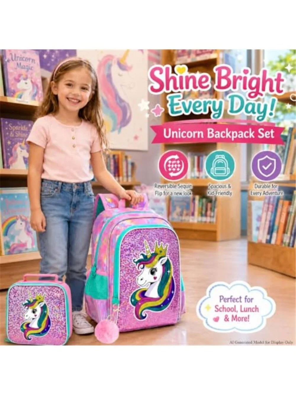 3Pcs Kids Sequin Unicorn Backpack Bookbag with Lunch Box, 16”